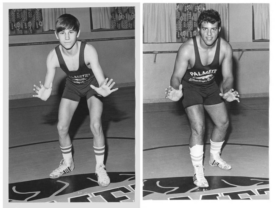  Kevin Pedersen, left, and and Alex DeCubas, right, posing for their Palmetto wrestling pictures.