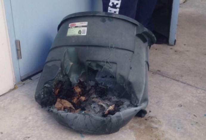 The remains of the trash can that caused the evacuation of students (photo courtesy of Christopher Gomez).