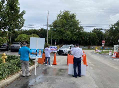 Volunteers hope to catch voters attention as they enter the parking lot of the Pinecrest Library where early voting takes place.