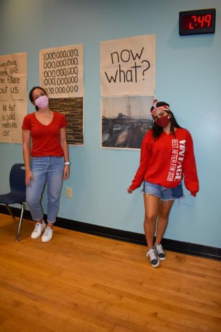 Senior Rylee Endara (left) and Gabrielle Rousseau (right) engage in Merica Monday with their school spirit.