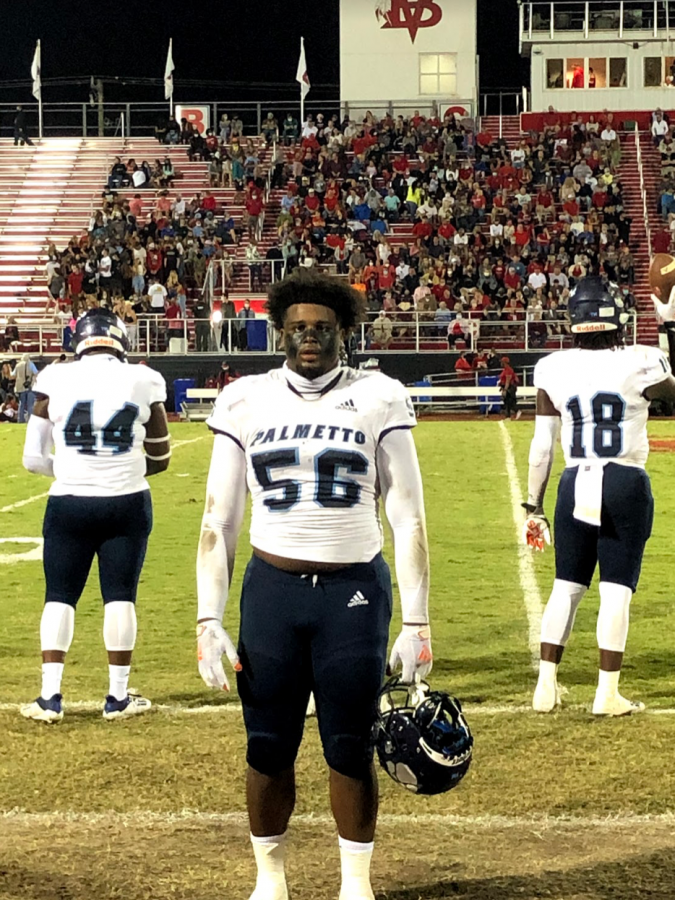 Defensive tackle Leonard Taylor (#56) played a big role in Palmettos victory over Vero Beach. 