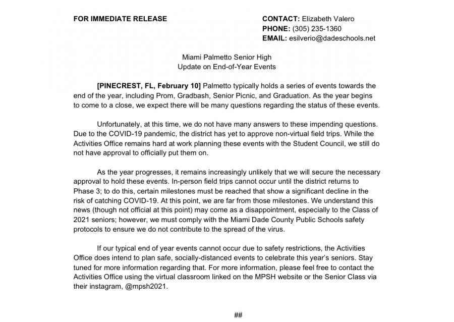 BREAKING: Palmetto Releases Press Release Regarding Senior Events