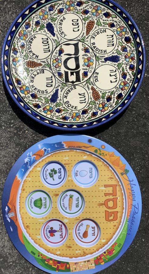 Traditional Cedar plates used on Passover. The bottom plate includes images of the 6 foods featured in Passover tradition and celebration.