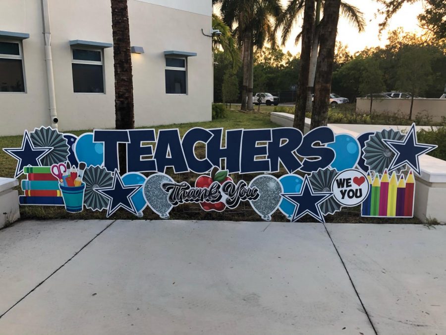 These signs were left in the front of the school for all teachers to see once they walked onto campus for teacher appreciation week. Photo courtesy of Linda Dwyer.