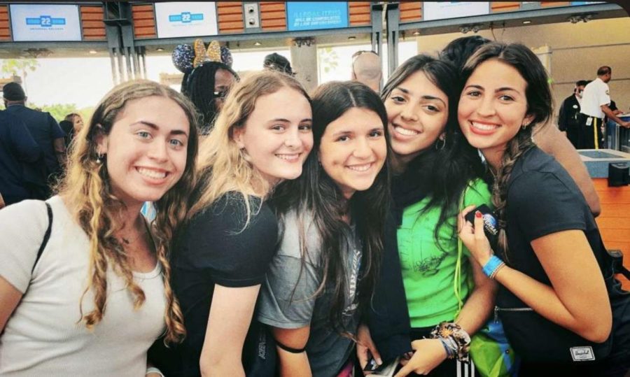 Lauren Robbins (12), Marlee Golinsky (12), Rebeca Blacher (12), Cayetana Jaramillo (12) and Allison Gould (12) wait for entry to Grad Bash at Universal Studios.